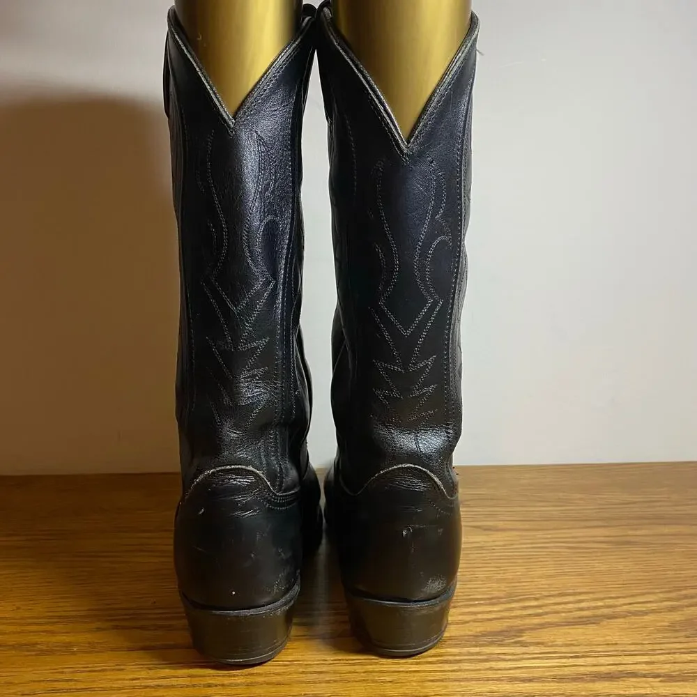 Vintage Dan Post Black Leather Stitched Western Cowboy Boots Mens 9 D USA 6984